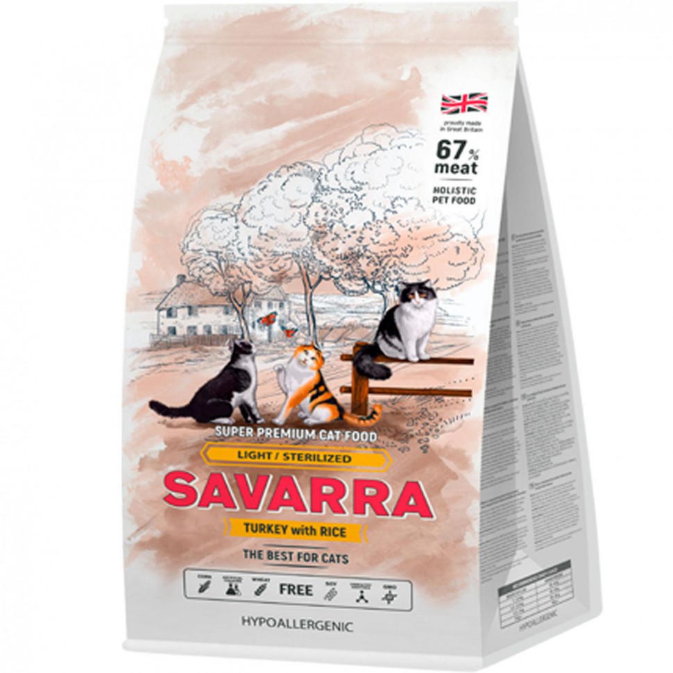 Savarra сухой корм для кошек низкокалорийный с индейкой и рисом