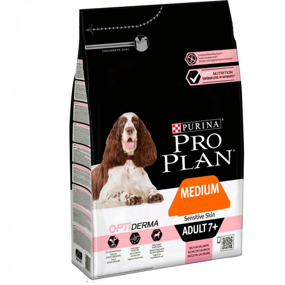 Pro Plan сухой корм для взрослых собак средних пород старше 7 лет с чувствительной кожей, с лососем